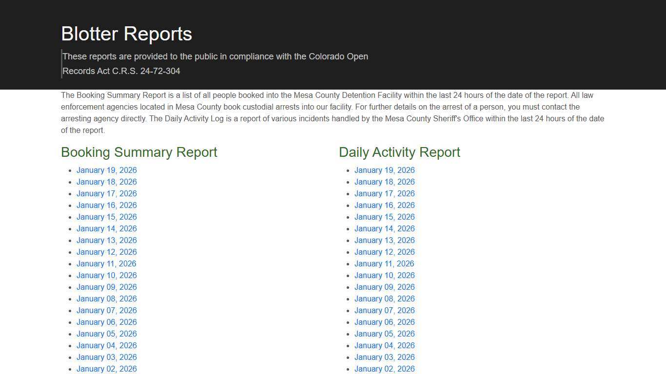 Blotter - Mesa County Sheriff's Office - Mesa County, Colorado